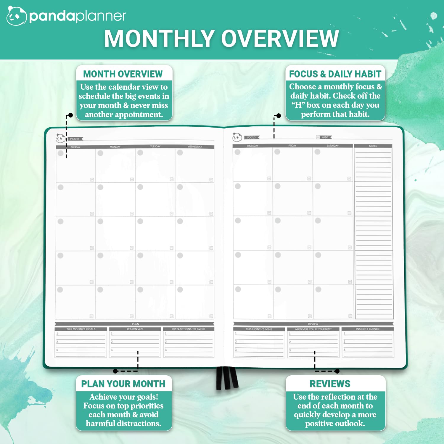 Panda Planner 2025 Undated Weekly Planner - 8” x 11” Productivity Notebook with Habit Tracker & To-Do Lists | 53 Weeks of Daily, Weekly & Monthly Planning | Perfect for Students, Professionals & Home Organization (Turquoise)