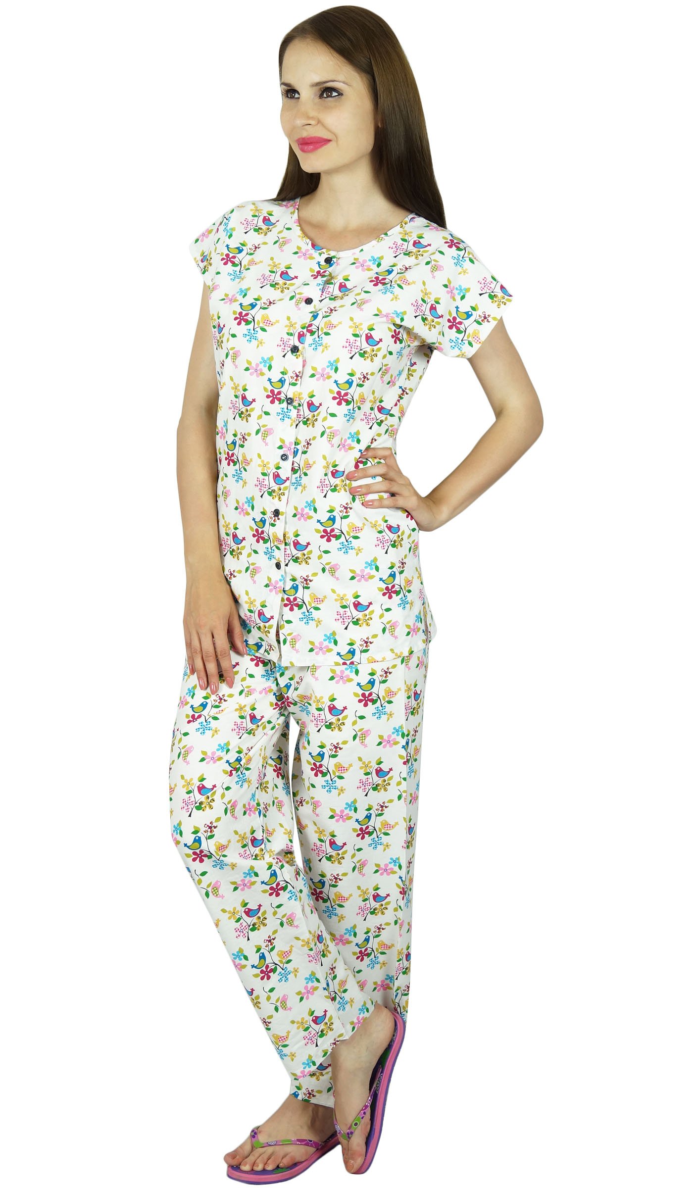 Bimba Women's White Cotton Pajama Set - Cap Sleeve Sleep Shirt & Lounge Pants for Comfortable Nightwear & Relaxing at Home