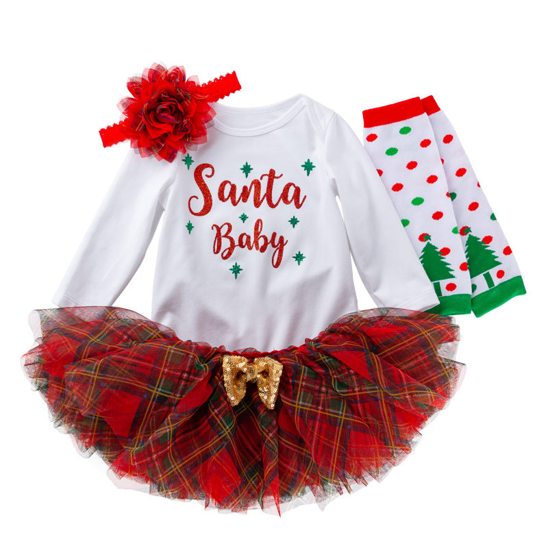 Baby Girl Christmas Outfit Set - White Long Sleeve Bodysuit, Plaid Skirt, Socks & Headwrap 4-Piece Holiday Ensemble | Perfect for Christmas Photos, Parties & Family Gatherings