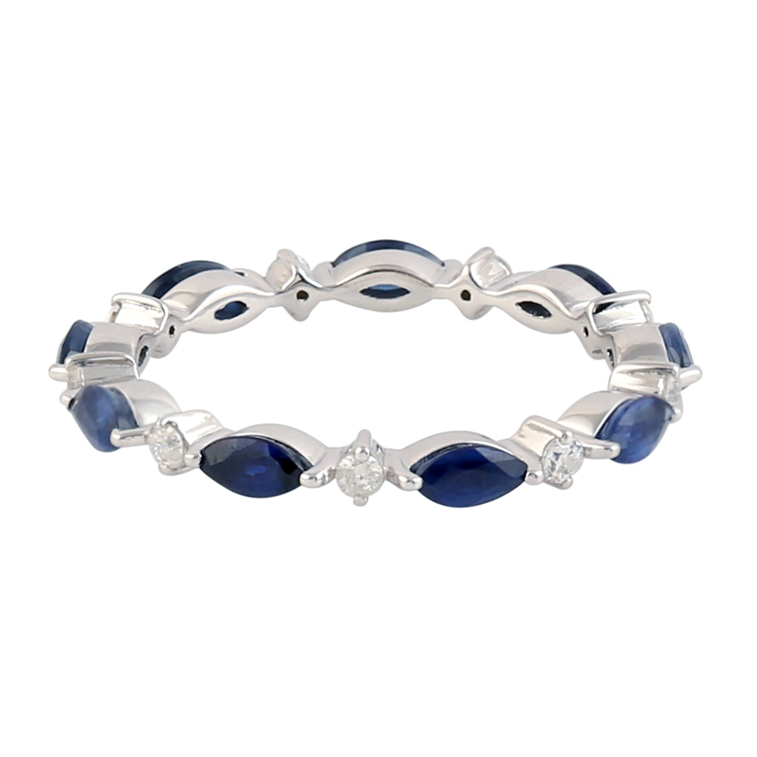 18K White Gold Marquise Blue Sapphire and Pave Diamond Band Ring - Elegant Jewelry Gift for Women, Perfect for Anniversaries, Engagements & Special Occasions
