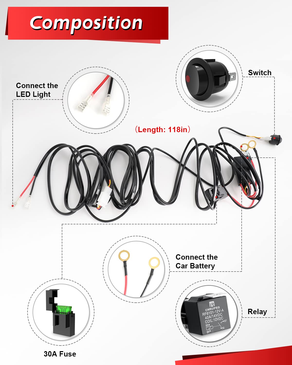 CO LIGHT 12V 16AWG LED Light Bar Wiring Harness Kit with Switch Relay - 1 Lead Wire Harness for Offroad LED Pods, Fog Lights & Driving Lights | Perfect for Jeep, Truck, ATV & Off-Road Vehicle Lighting Upgrades