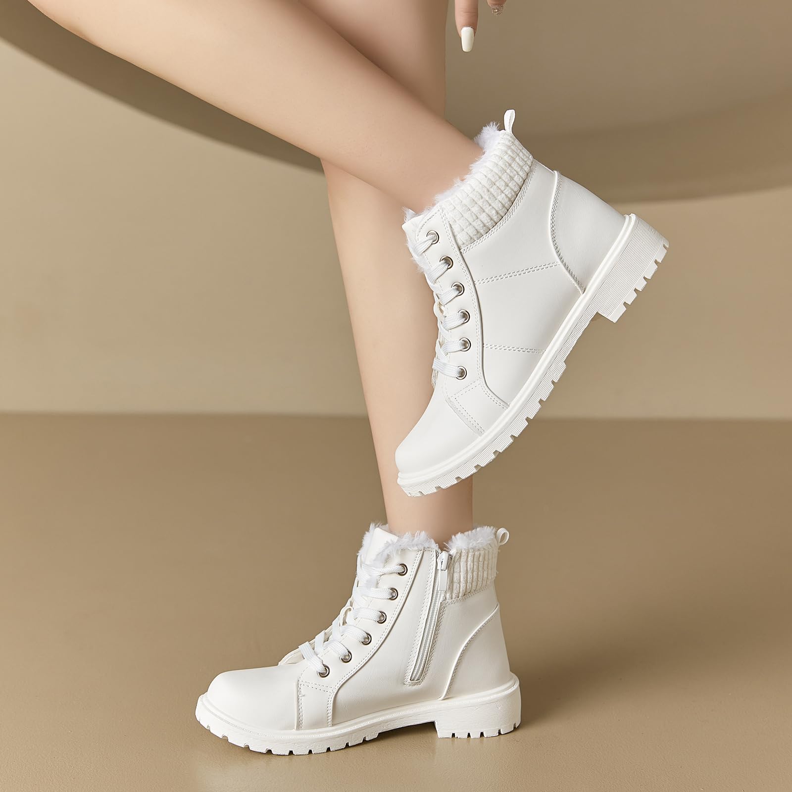 Women's Combat Boots - Black Ankle Booties with Side Zipper | Winter Snow Boots with Non-Slip Sole | Warm Fuzzy Lined Lace-Up Boots for Outdoor, Hiking & Streetwear Fashion