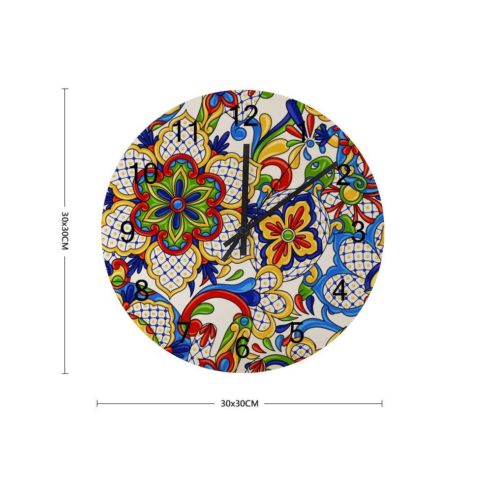 Rashu 12 Inch Round Wall Clock - Silent Non-Ticking Wooden Clock with Mexican Talavera Pattern, Battery Operated, Easy to Read Numbers - Perfect for Living Room, Kitchen, Bathroom & Office Decor