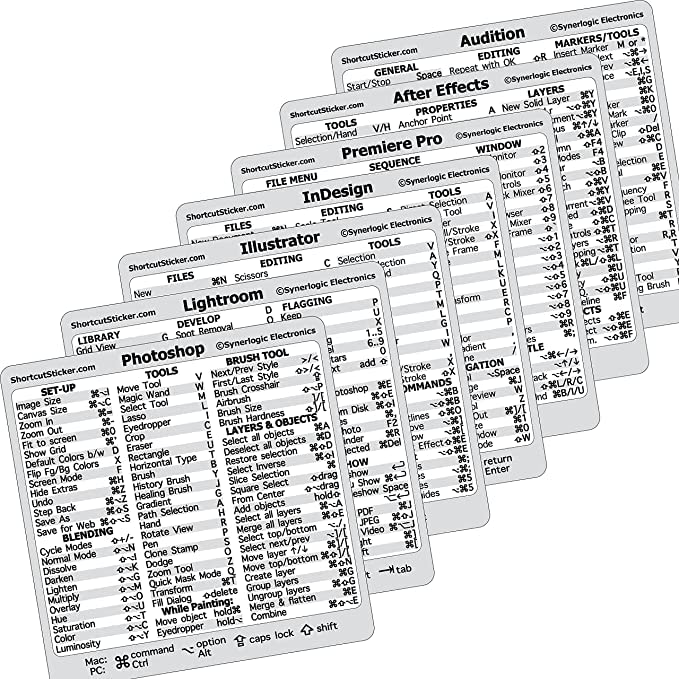 SYNERLOGIC Adobe Collection 7-in-1 Keyboard Shortcut Sticker - No-Residue Laminated Vinyl for MacBook & Windows PC - Photoshop, Illustrator, InDesign Shortcuts - Perfect for Graphic Designers & Video Editors