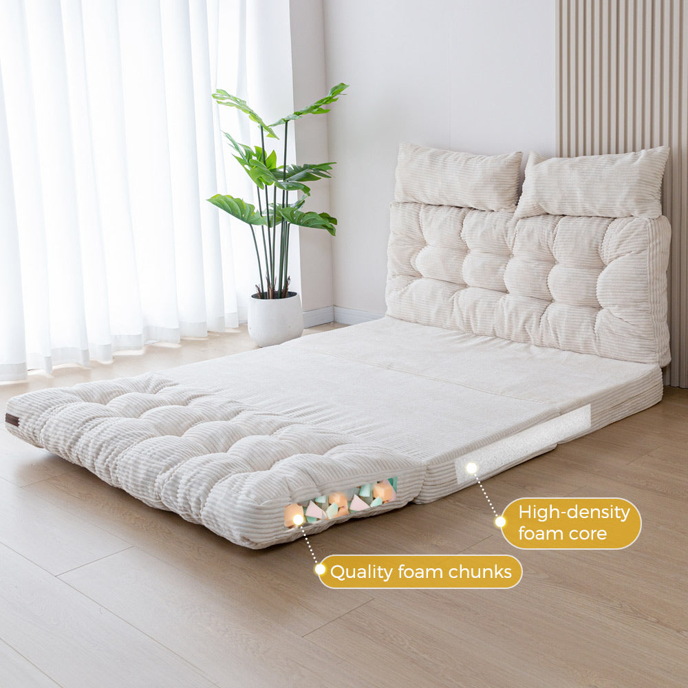 MAXYOYO Tufted Bean Bag Sofa Bed - Foldable Floor Couch with Pillows, Beige | Comfortable Lounge Chair for Living Room, Bedroom & Dorm | Perfect for Relaxing, Reading & Napping
