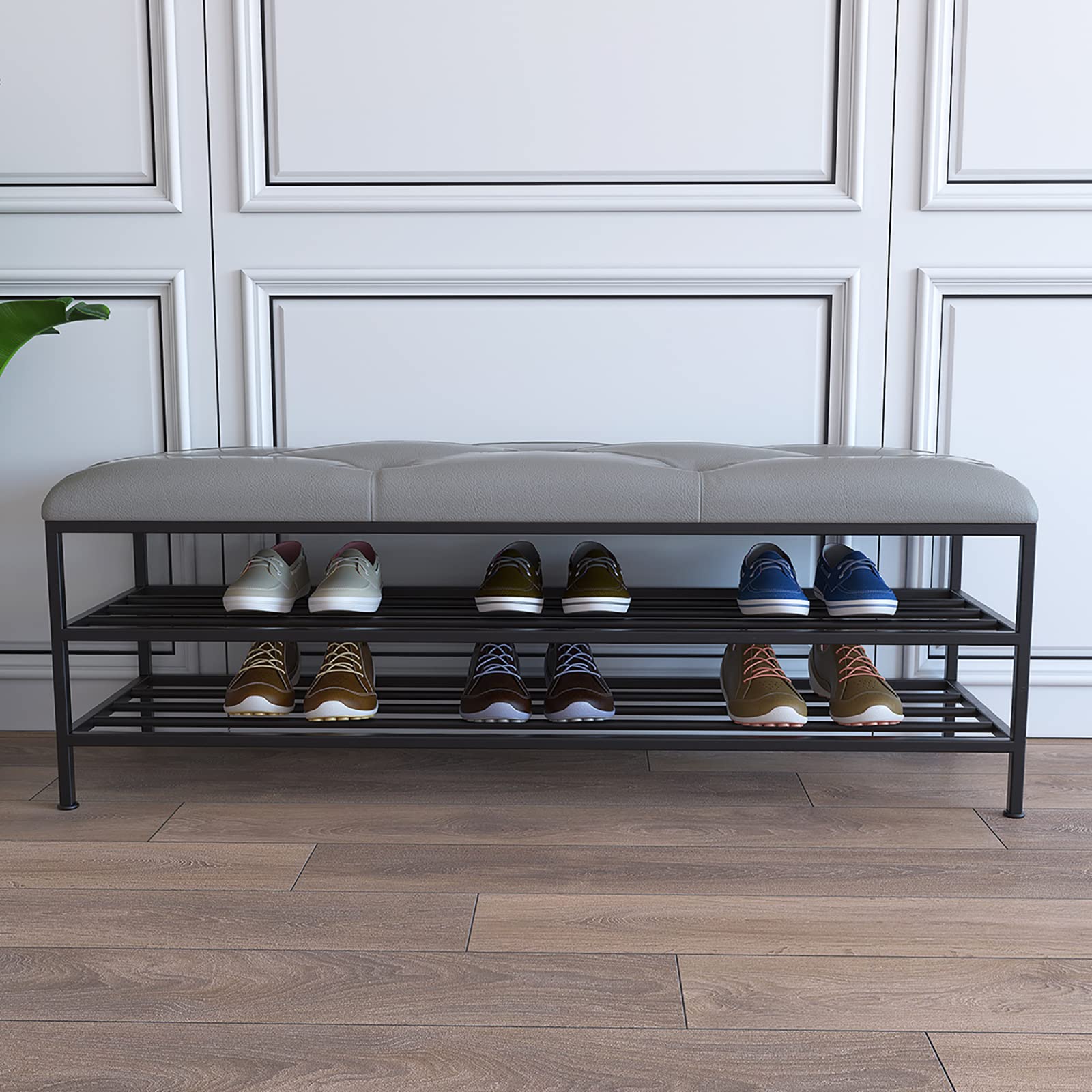 Modern Shoe Bench Organizer - Faux Leather Entryway Storage Bench with Golden Shoe Shelf, 60x35x45cm (24x14x18inch) - Perfect for Small Spaces, Hallway Organization & Shoe Storage Solutions - Black
