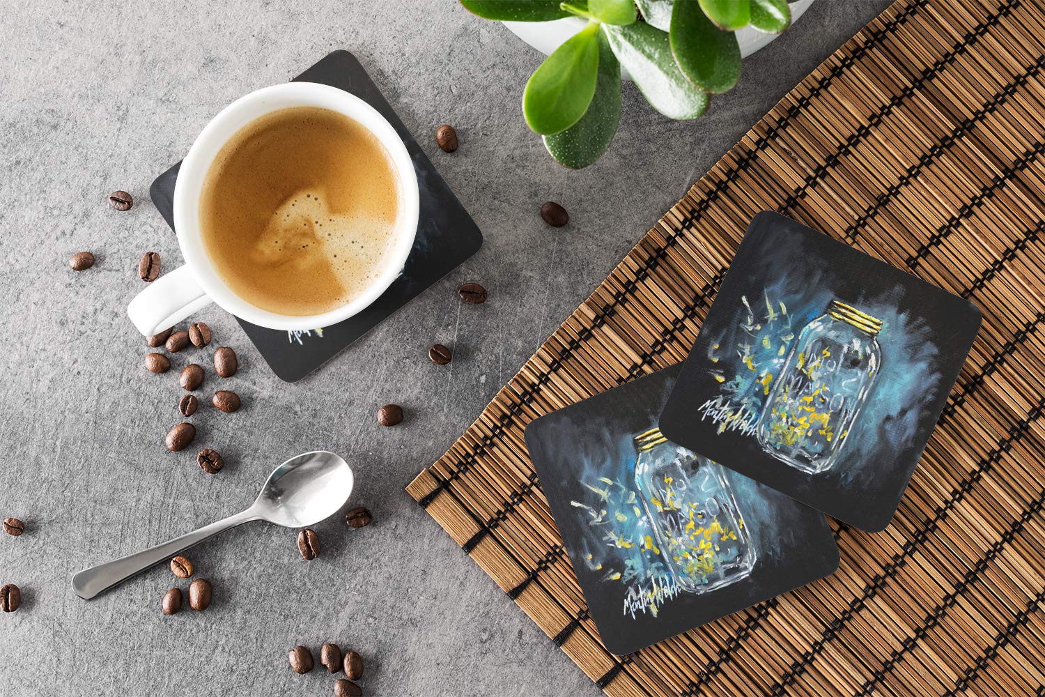 Caroline's Treasures MW1335FC Lightning Bugs Foam Coasters Set of 4 - Colorful Drink Protectors for Coffee Tables, Bar Countertops & Outdoor Patio Use