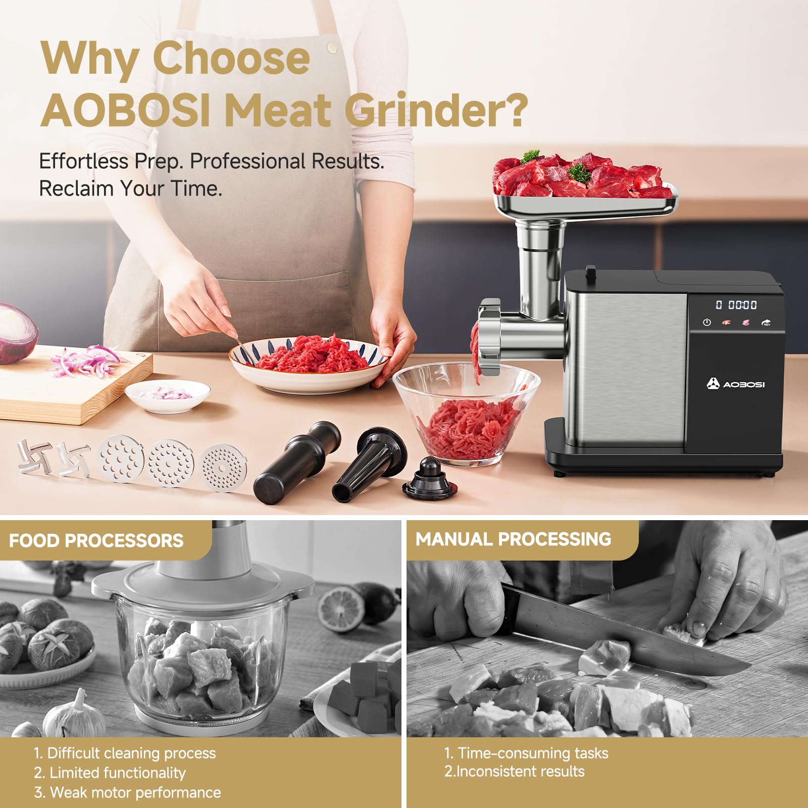 AAOBOSI 3000W Electric Meat Grinder with Touchscreen Display - 3 Speed Settings, Non-Clogging Technology, Built-in Storage - Perfect for Grinding Meat, Making Sausages & Kibbe at Home (3rd Gen) | Ideal for Home Kitchens, BBQ Parties & Meal Prep