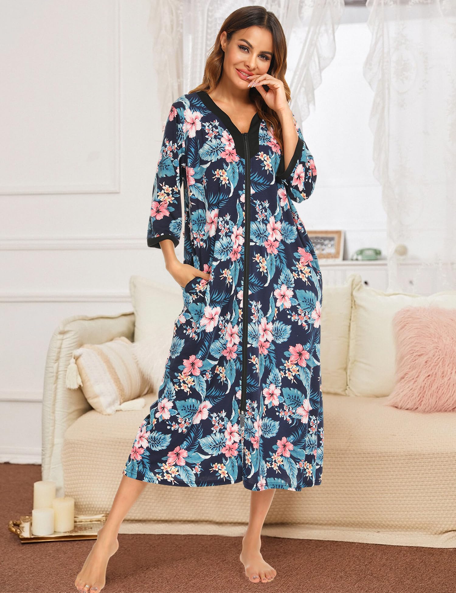 Bloggerlove Women's Zip Up Cotton Robe - Long House Coat with Half Sleeves, Comfy Sleepwear & Nightgown for Lounging, Sleeping & Relaxing at Home