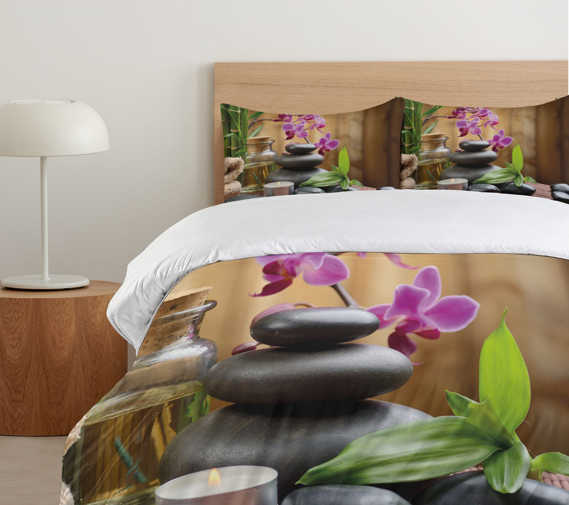 Ambesonne Spa Duvet Cover Set 3-Piece - Warm Welcoming Spa Design with Healing Stones, Candles & Floral Print - California King Size Bedding Set with 2 Pillow Shams in Purple, Black & Green - Perfect for Relaxing Bedroom Retreat & Spa-Themed Home Decor