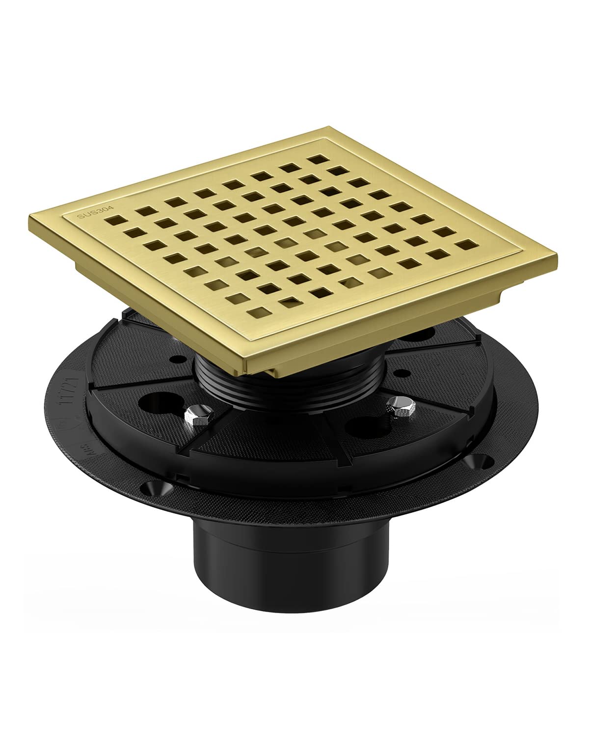 6 Inch HTOH Gold Shower Drain with Flange - CUPC Certified 304 Stainless Steel Square Drain with Removable Grate & Adjustable Brass - Perfect for Bathroom, Shower Room & Wet Area Floor Drainage