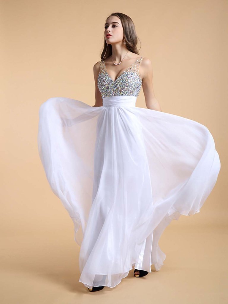 Elegant V-Neck Sequin Chiffon Long Prom Dress for Women | Wedding, Evening Party & Formal Events | Perfect for Bridesmaids, Homecoming & Special Occasions
