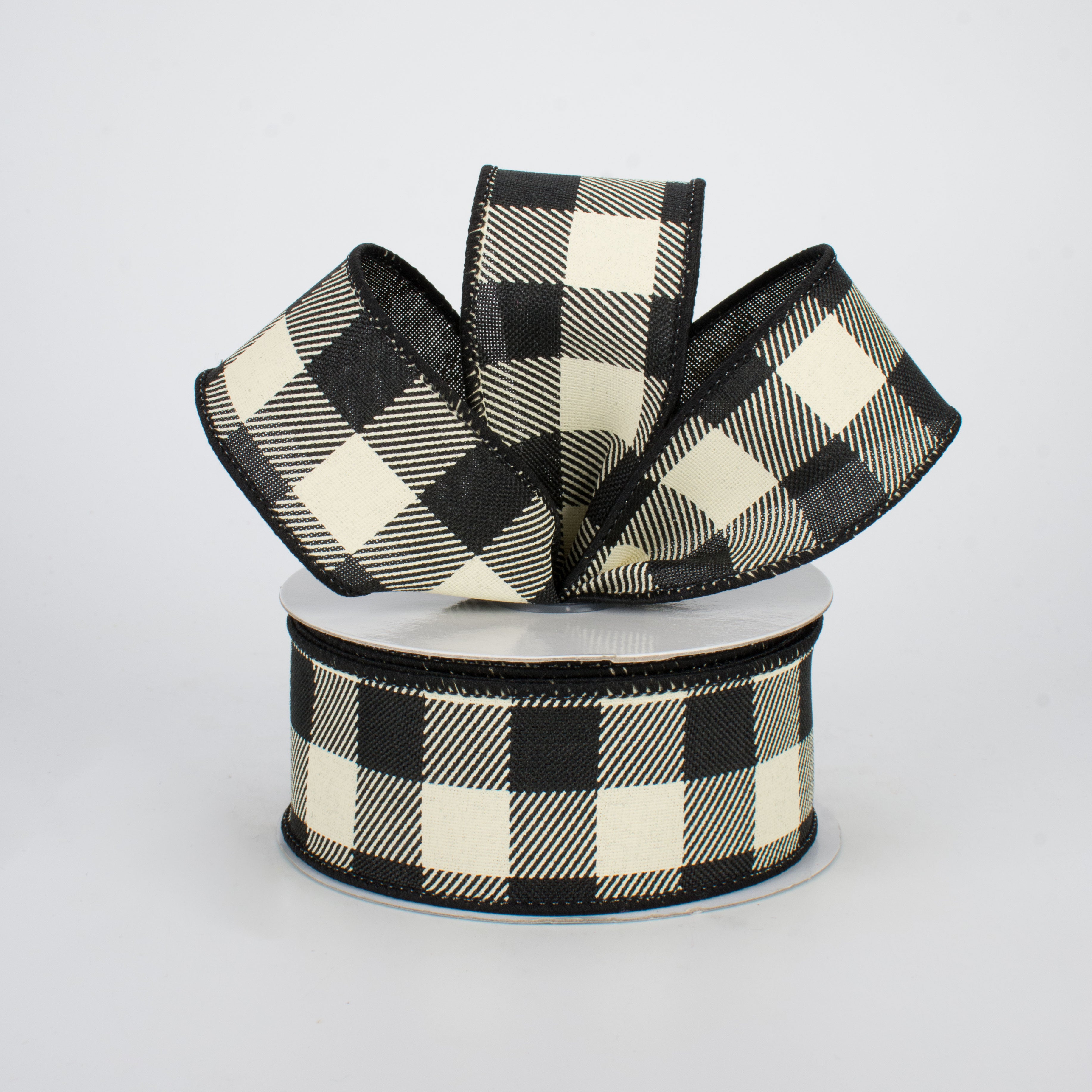 1.5 Inch Printed Plaid Check Ribbon - Black & Ivory (10 Yards) for Gift Wrapping, DIY Crafts, and Holiday Decorations