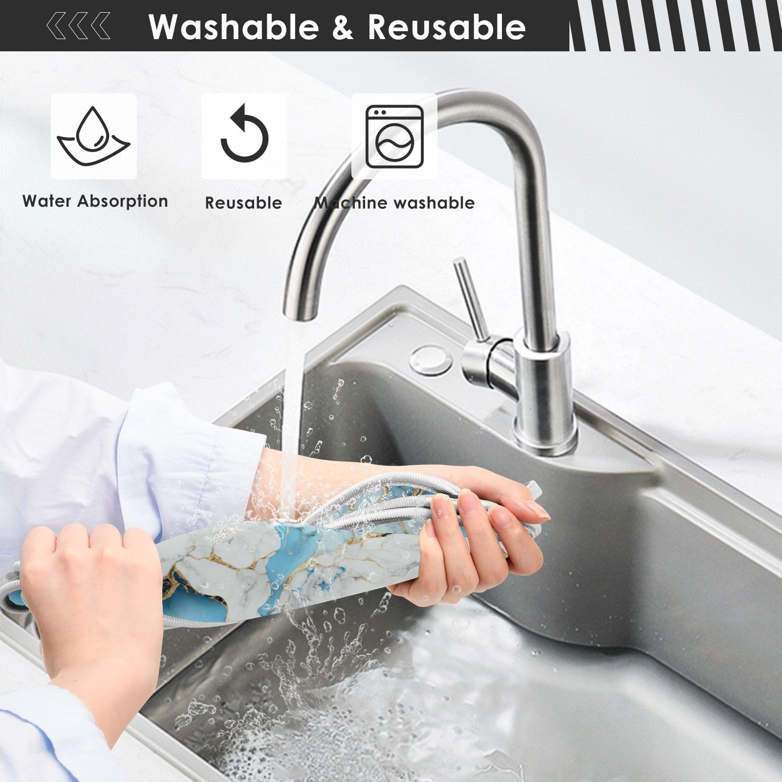 2 Pack Sink Splash Guard - Light Blue & White Marble Absorbent Kitchen Faucet Mat | Drip Catcher & Drying Mat for Farmhouse Bathroom & Bar | Perfect for Kitchen Sink, Bathroom Vanity & RV Use