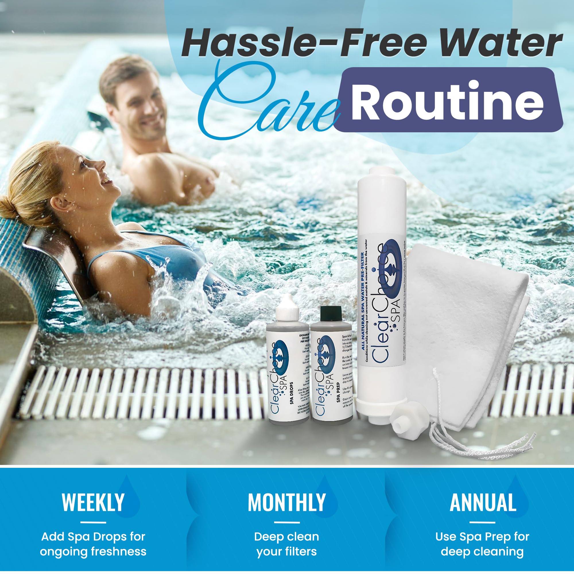 Clear Choice Spa Hot Tub Start Up Kit with Micron Sleeve – Includes Spa Drops, Spa Prep, Hose Pre-Filter & Micron Filter Sleeve | Natural Enzyme-Based, Non-Toxic, Hypoallergenic Hot Tub Chemicals | 1 Year Supply for Spa Maintenance & Water Care | Perfect for New Hot Tub Setup & Regular Maintenance