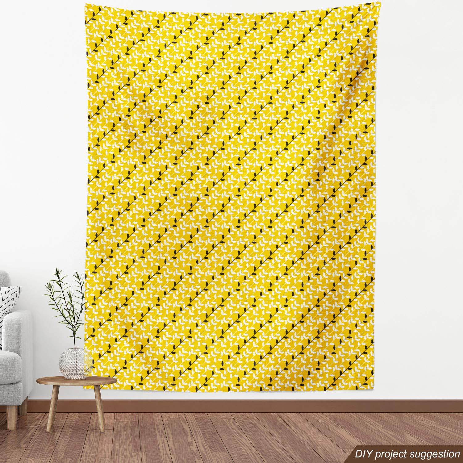 Ambesonne Asian Leaves Fabric by The Yard - Diagonal Monochrome Leaf Pattern on Yellow & Grey - 5 Yards for Upholstery, Curtains, Pillows & Home Decor | Perfect for Living Room, Bedroom & DIY Craft Projects