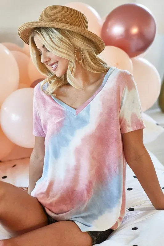 BiBi Tie Dye French Terry V Neck Top - Soft Casual Women's T-Shirt for Summer & Spring | Perfect for Beach, Yoga, and Everyday Wear