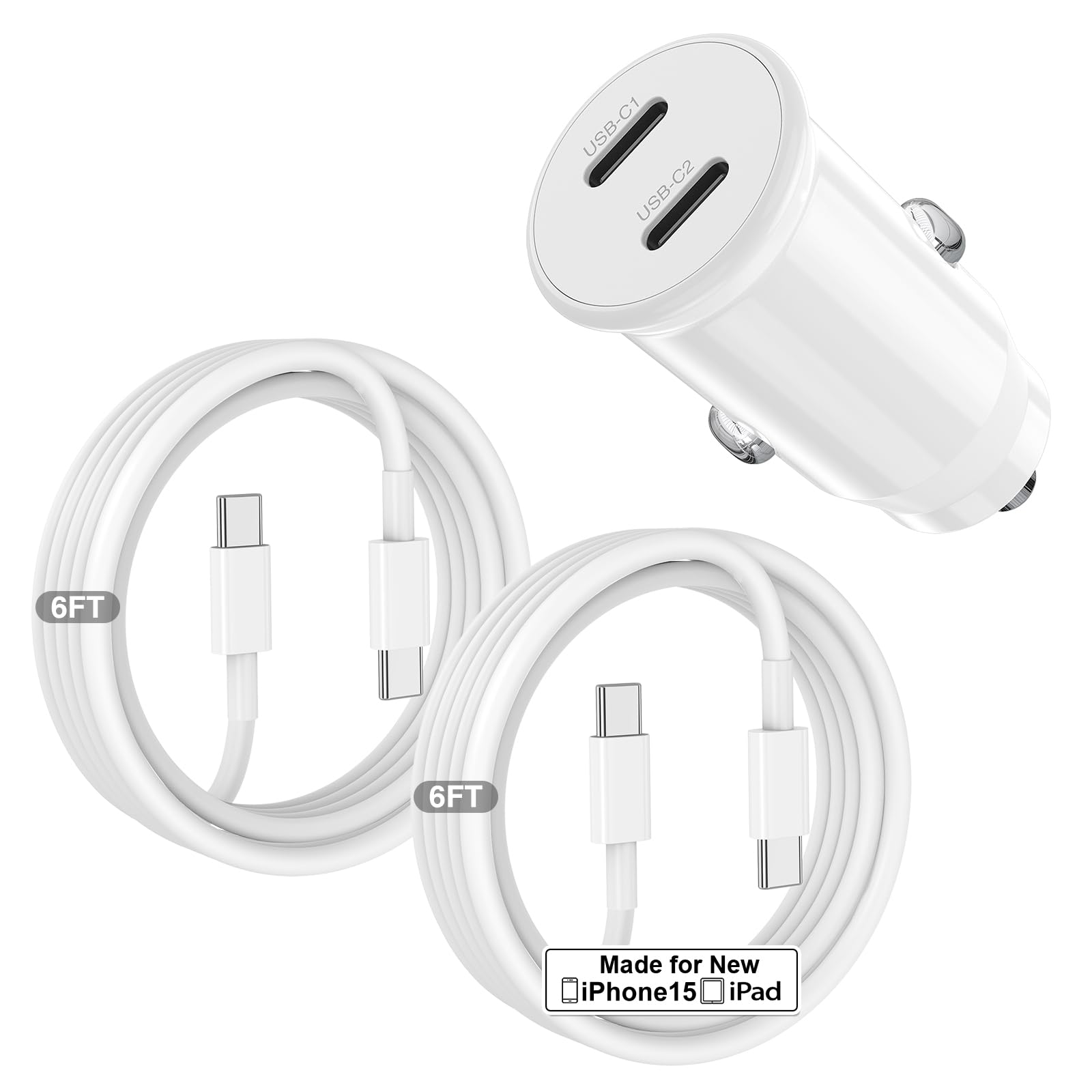 40W Dual Port USB C Fast Car Charger for iPhone 16/15 Pro Max - Includes 2 Pack 6ft USB C Cables - Compatible with iPhone 16/15 Series, iPad Pro/Air 5/4/Mini - Perfect for Road Trips & Commuting (White)