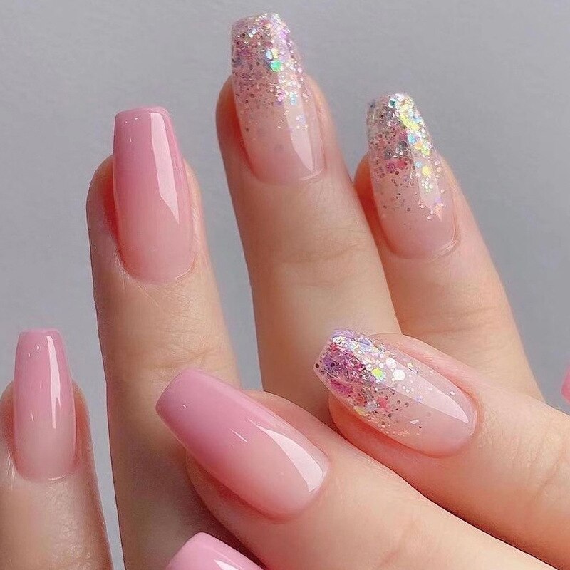 24pcs Removable False Nails with Glue - Ballet Press On Nails with Gradient Shiny Brown Glitter Designs, Coffin Shape Fake Nails for Parties, Weddings & Special Occasions