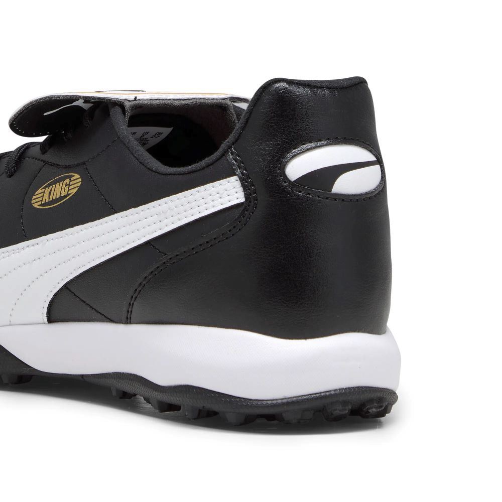 Puma King Top TT Turf Football Shoes for Men - Black/White/Gold - Soccer Cleats for Artificial Grass - Perfect for Training & Matches