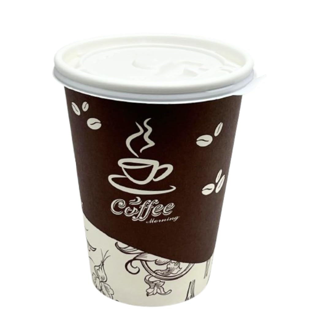 12oz Disposable Printed Colored Coffee Cups with Lids - 200 Pack Bulk Hot/Cold Drink Cups for Tea, Coffee, Hot Chocolate - Perfect for Thanksgiving, Christmas, Office Parties, Cafes & Restaurants