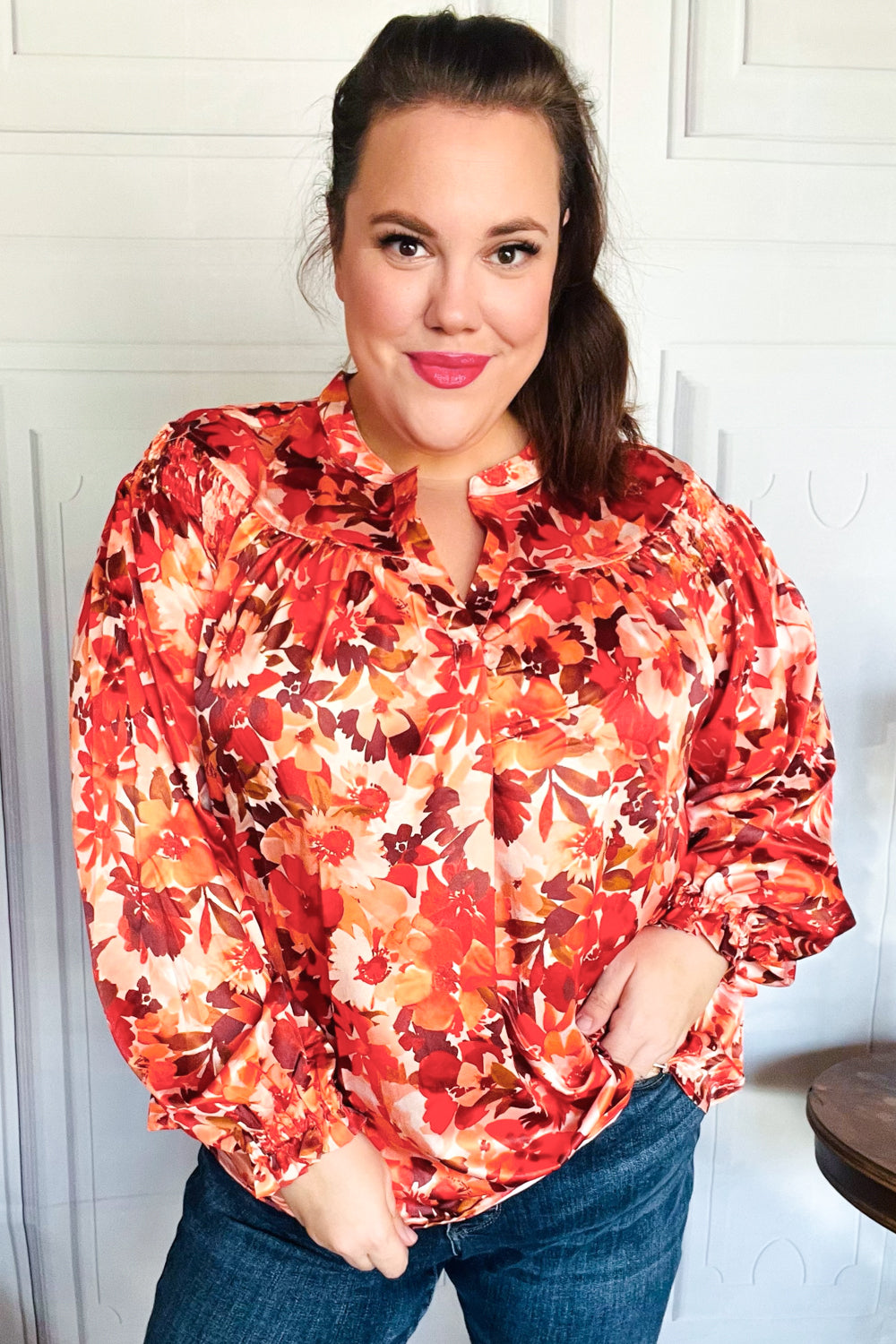 Fall Vibes Rust Floral Print Notched Neck Smocked Satin Blouse - Elegant Women's Tops for Autumn Outfits, Date Nights & Office Wear
