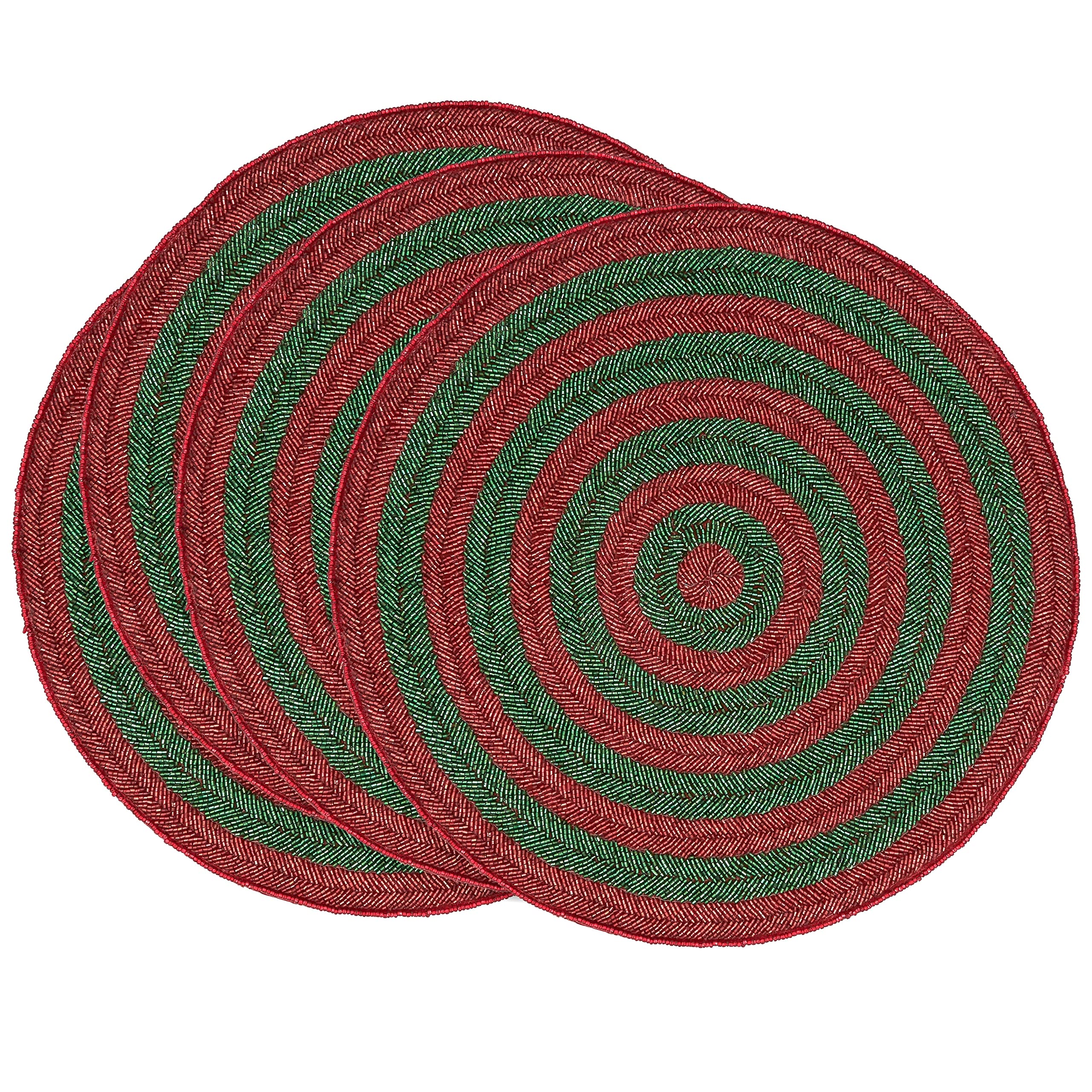 Circle Design Beaded Placemats Set of 4 - Round Handwoven Table Mats in Green & Red for Dining Table Decor, Wedding, Party, and Home Decoration