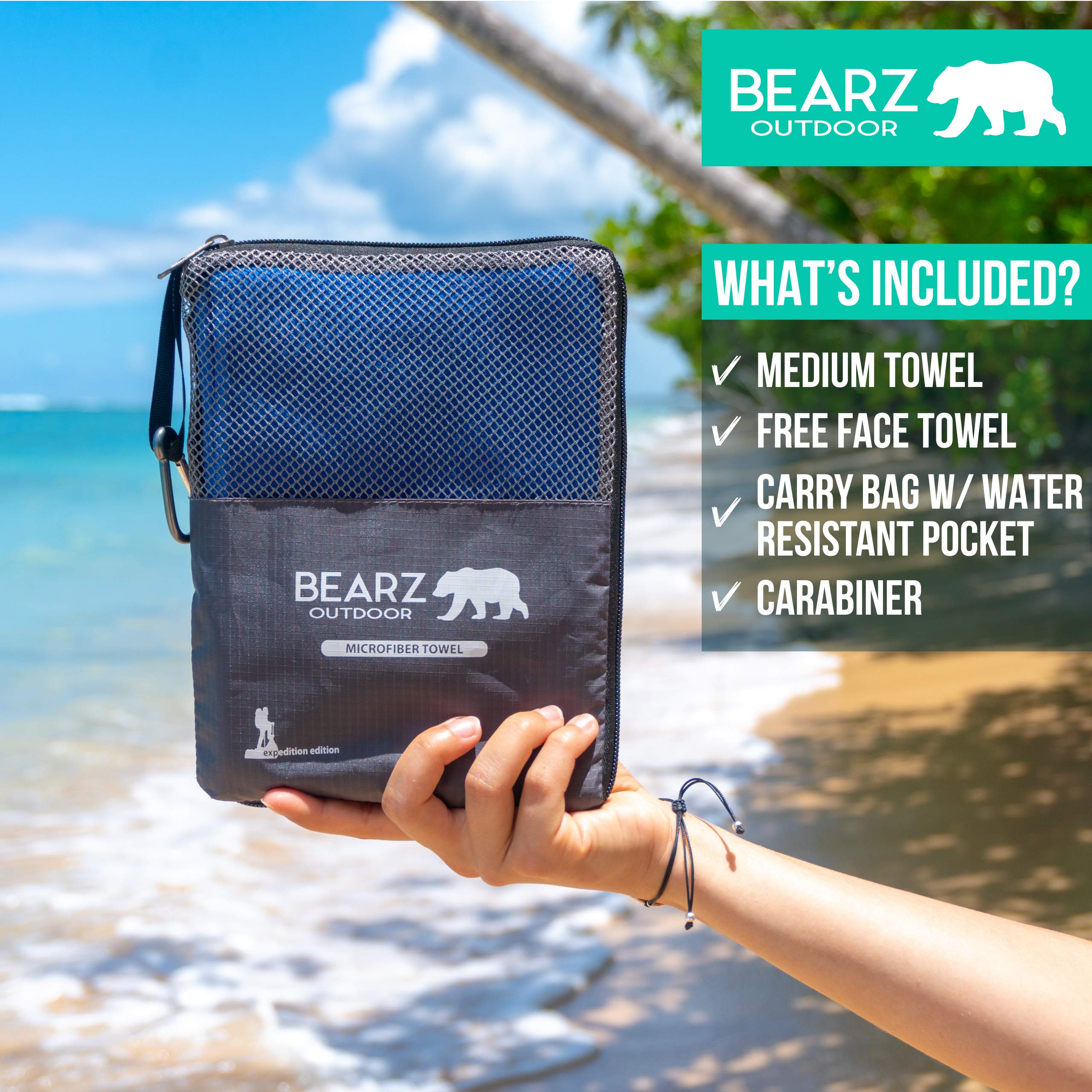 BEARZ Outdoor Microfiber Towel Set - Ultra Absorbent Quick Dry Gym, Yoga, Camping & Travel Towels - Compact Lightweight for Workout, Beach & Sports - Includes Free Face Towel for On-the-Go Use