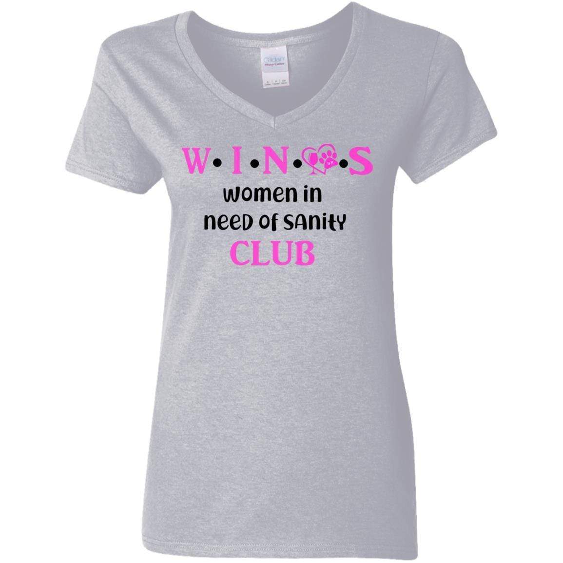 WineyBitches.Co WINOS Club Women's 5.3 oz V-Neck T-Shirt with Pink Lettering - Perfect for Wine Tasting, Girls Night Out & Casual Wear