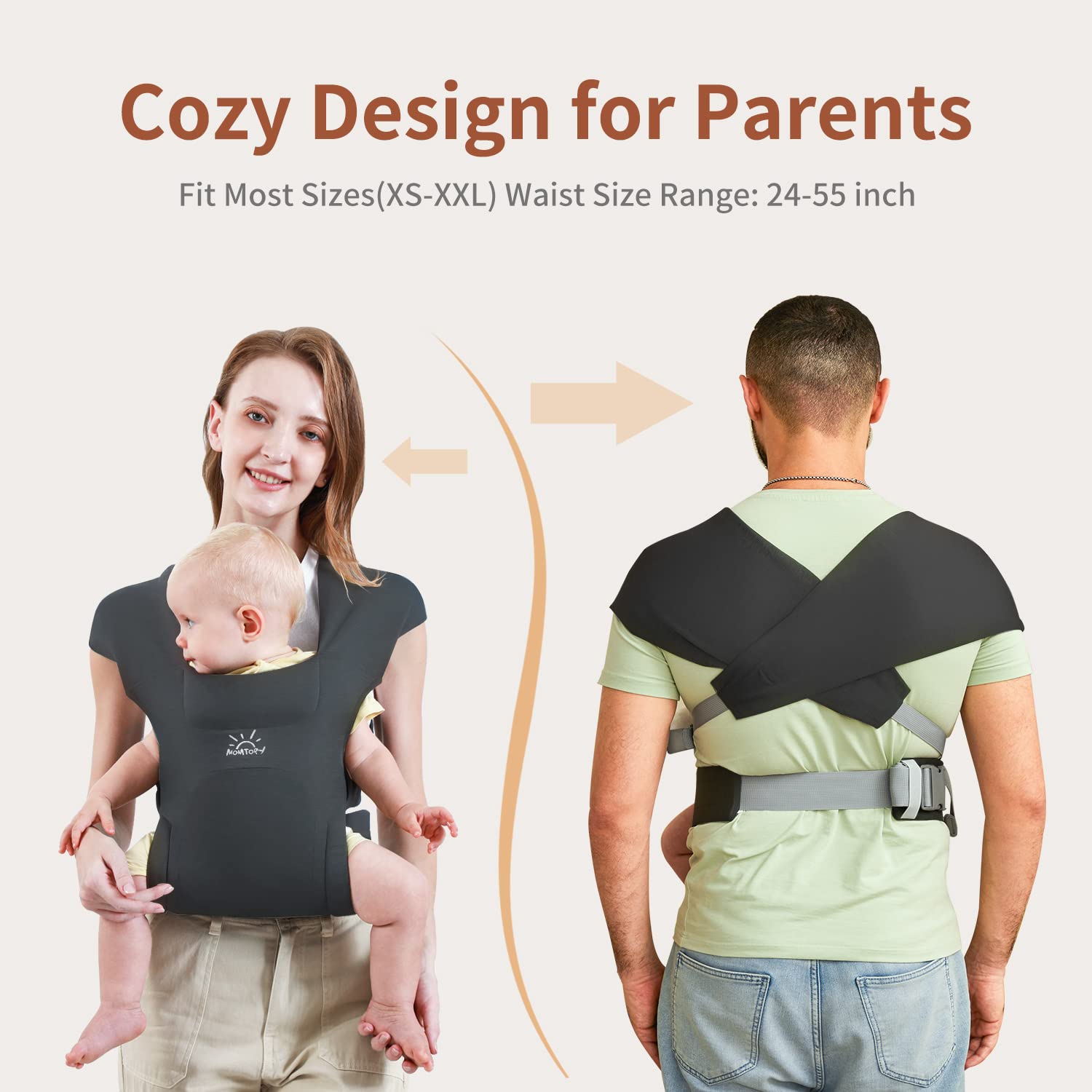 Momtory Adjustable Baby Carrier Wrap - Soft & Cozy Infant Sling with Hook & Loop Fastener for Newborns & Toddlers - Perfect for Hands-Free Parenting, Shopping & Outdoor Adventures (Black)
