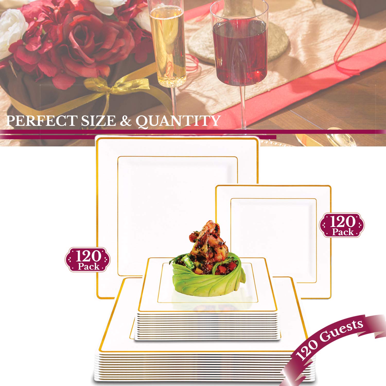 Premium Heavy Duty Disposable Plastic Dinnerware Set - Elegant Square Plates for Weddings, Birthdays & Special Events (White & Gold, 120-Piece Combo) - Perfect for Catering, Parties & Large Gatherings