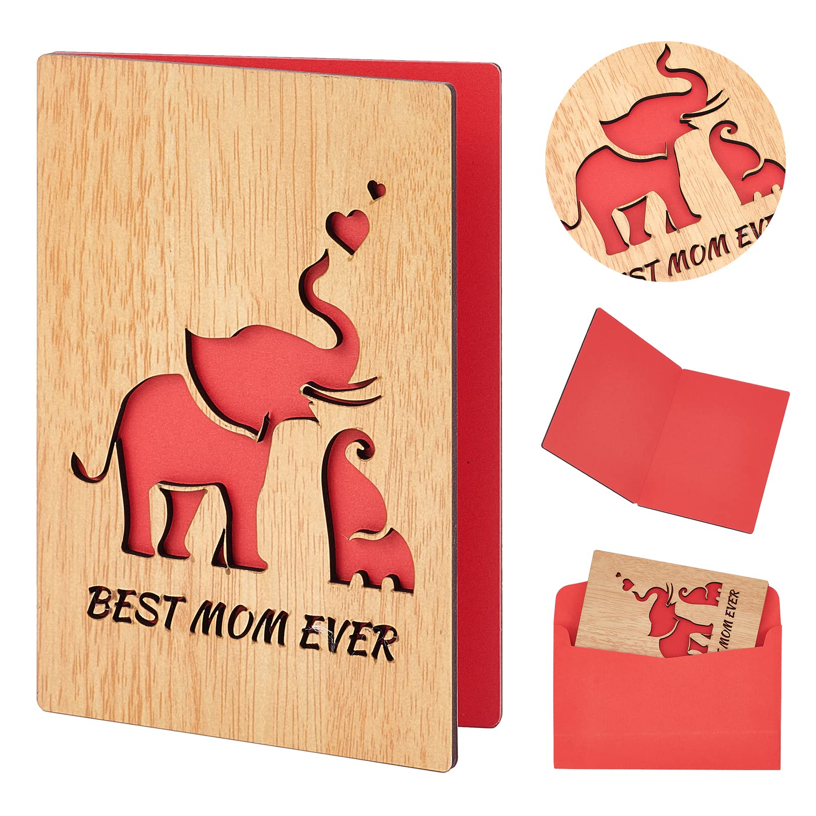 CRASPIRE Best Mom Ever Wooden Greeting Card with Elephant Design - Handmade Birthday, Mother's Day, Valentine's, Wedding Anniversary & Easter Gift Card - Perfect for Special Occasions & Heartfelt Moments