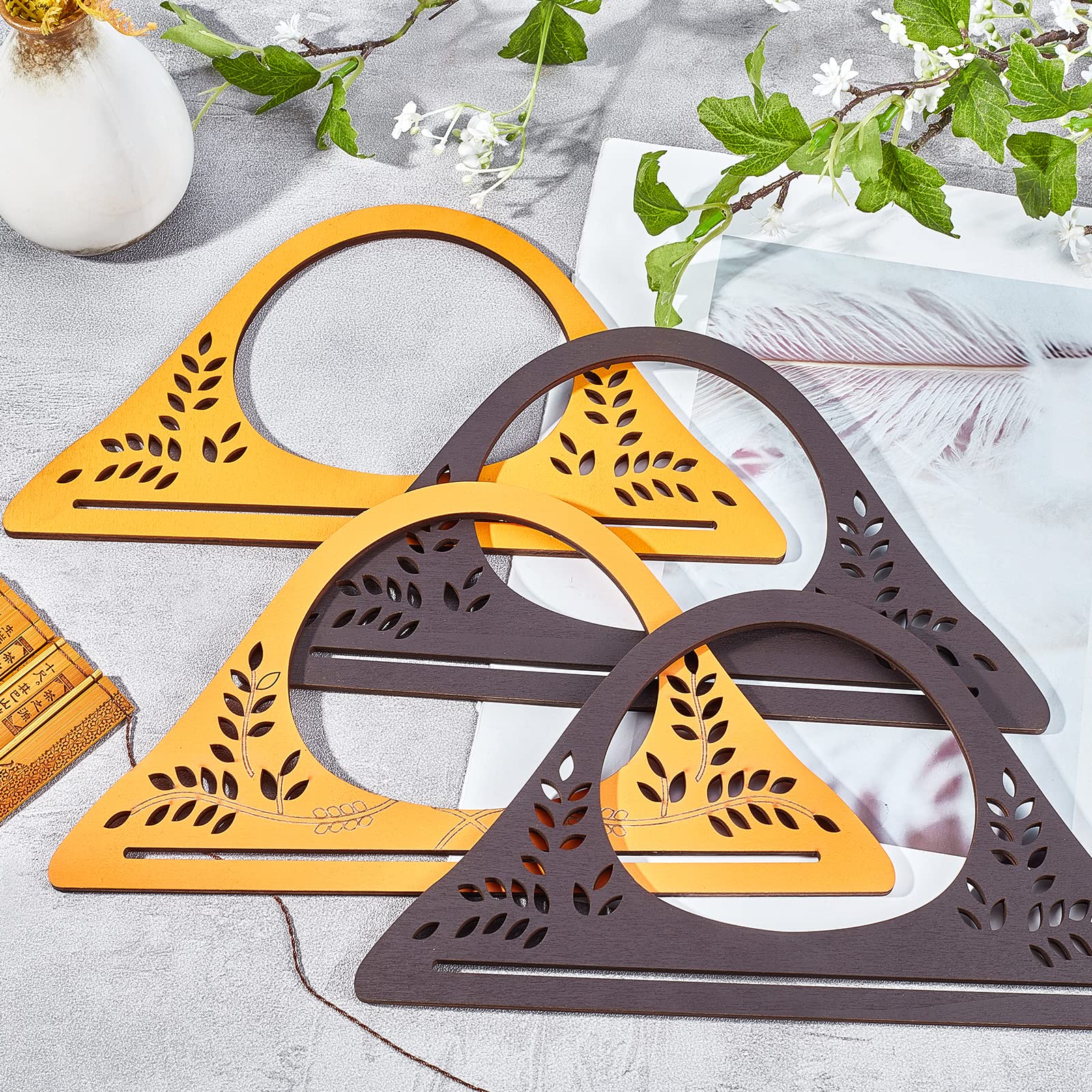 CHGCRAFT 4-Pack D-Shaped Wooden Purse Handles - Classic Pattern Replacement Handles for Straw Bags, Beach Totes & Canvas Handbags (9.8x5.3x0.2 Inch, Dark Brown & Orange) - Perfect for DIY Crafting, Bag Repair & Fashion Accessories