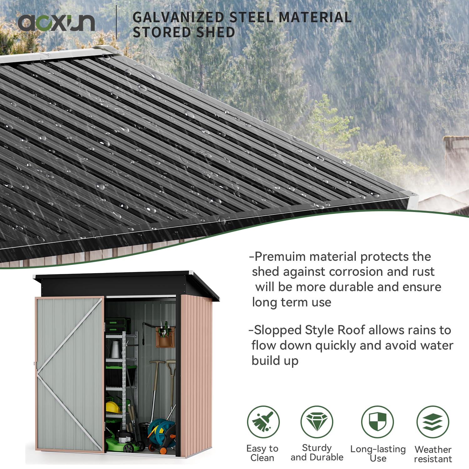 Aoxun 5x2.7 FT Outdoor Metal Storage Shed - Heavy Duty Waterproof Galvanized Steel Garden Shed with Sloping Roof & Lockable Door - Perfect for Storing Lawn Mowers, Gardening Tools, Patio Furniture & Backyard Equipment (Brown)