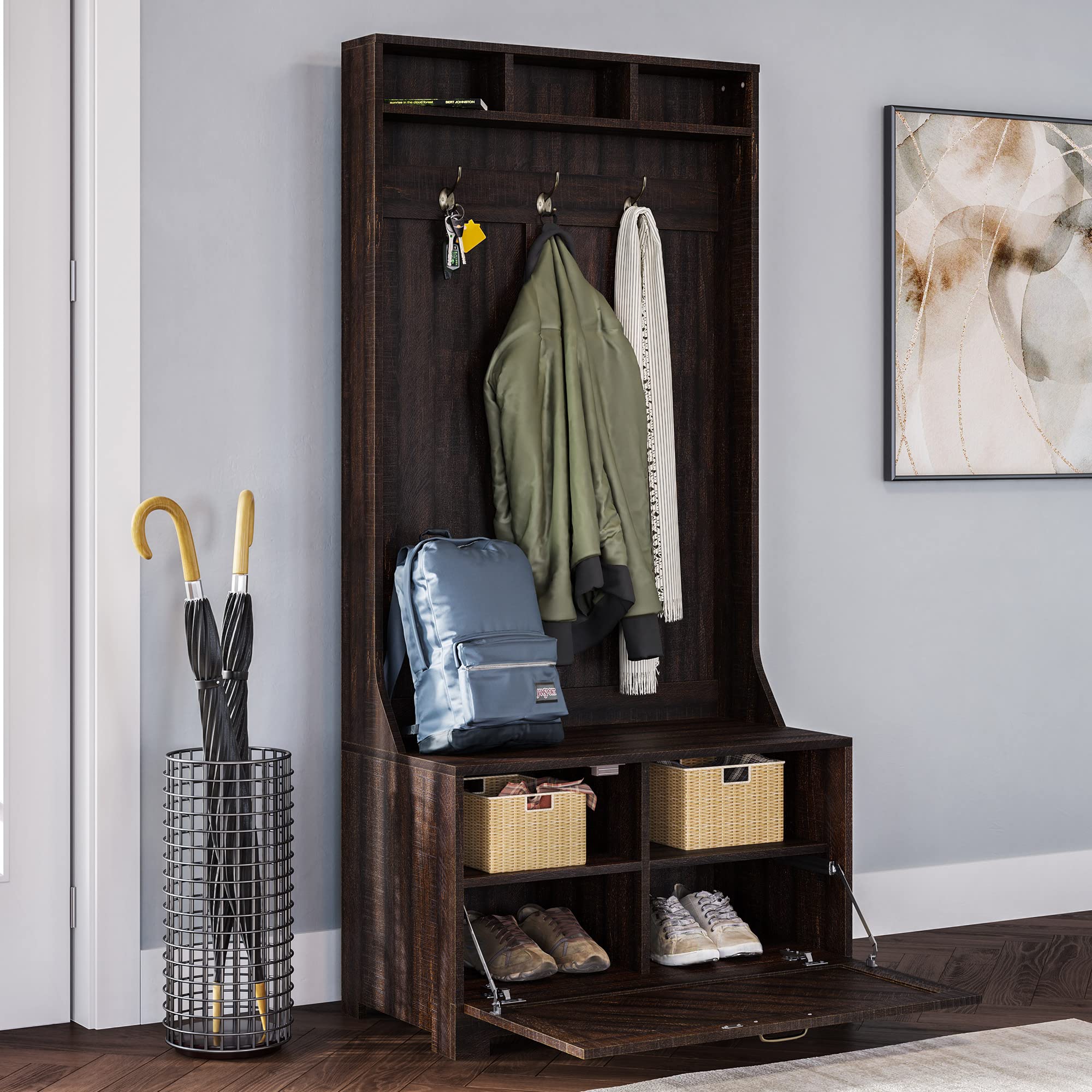 BELLEZE 3-in-1 Entryway Hall Tree with Coat Rack, Storage Bench & Shoe Organizer - Freestanding Entry Storage Furniture for Small Spaces - Hilo Espresso Finish - Perfect for Mudroom, Foyer or Apartment Entryway Organization