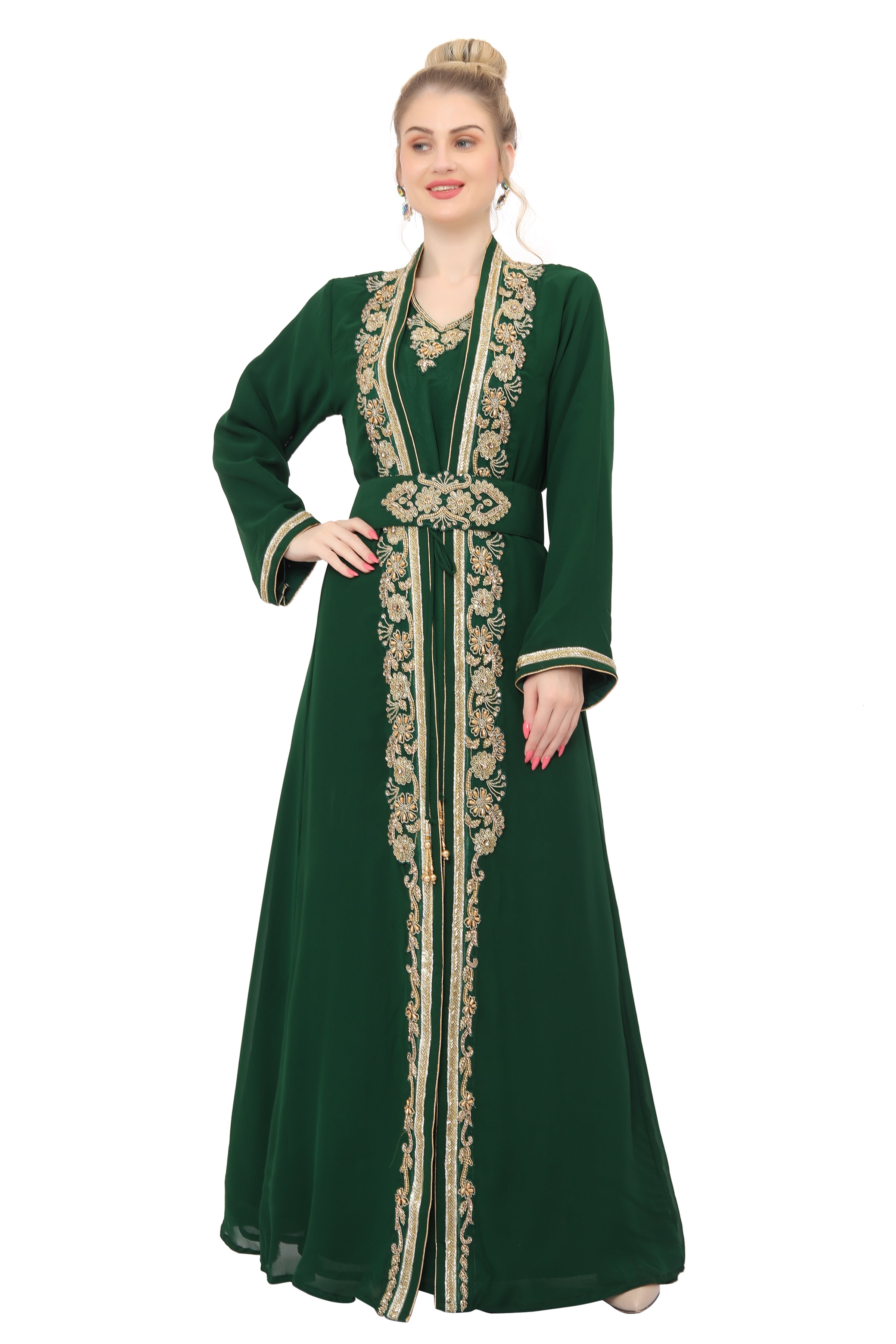 Elegant Green Ball Gown Designer Maghribi Kaftan for Women - Perfect for Weddings, Parties & Special Occasions