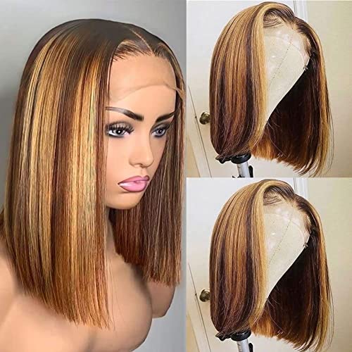 **Amesha 4/27 Highlight Lace Front Human Hair Wig for Black Women – Pre-Plucked Natural Hairline, 180% Density Bob Wig (14 Inch) – Perfect for Daily Wear, Parties & Special Occasions**