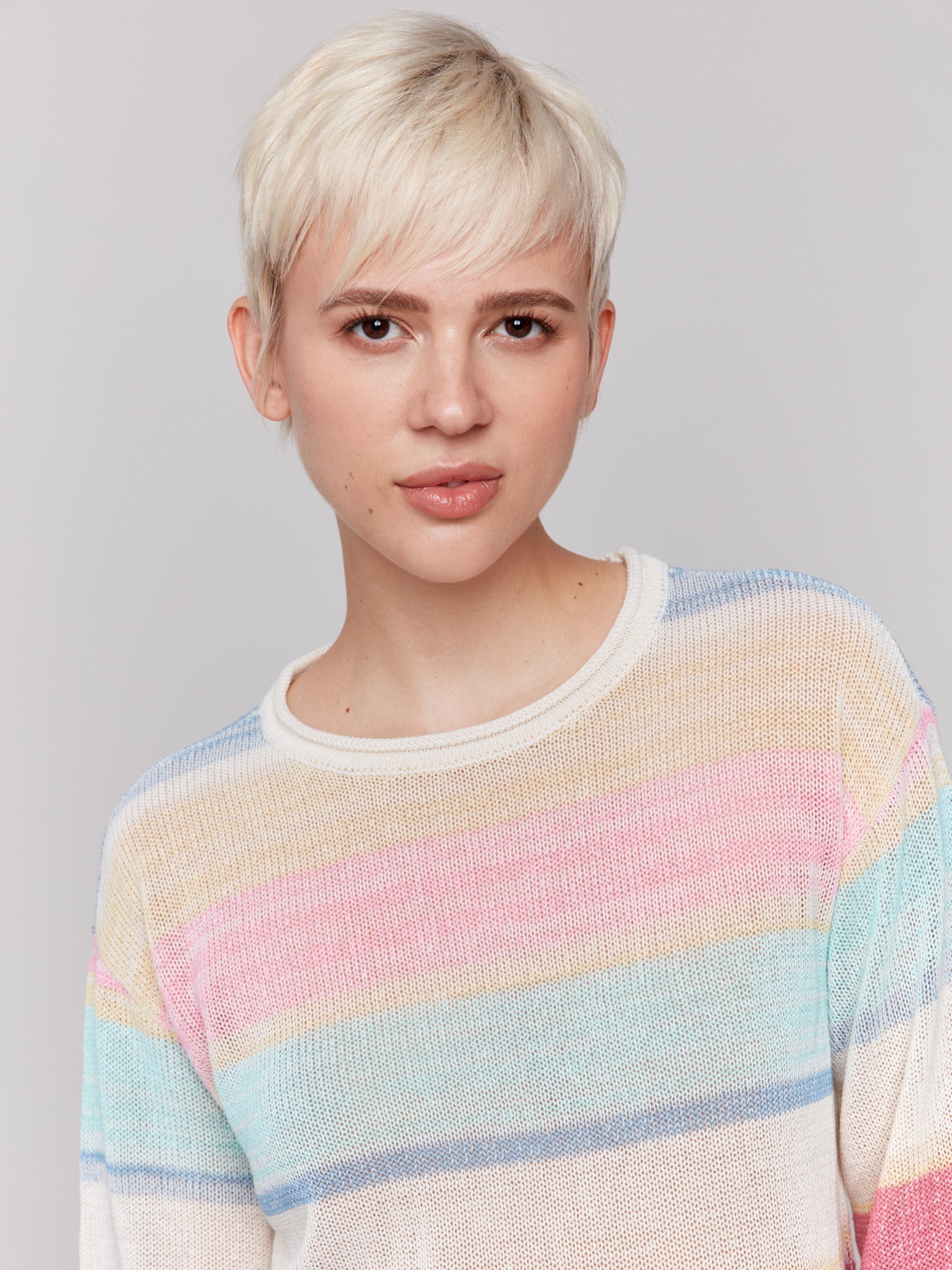 Pastel Striped 3/4 Sleeve Sweater for Women - Soft Knit Pullover for Spring & Fall - Casual Office Wear & Weekend Outfits