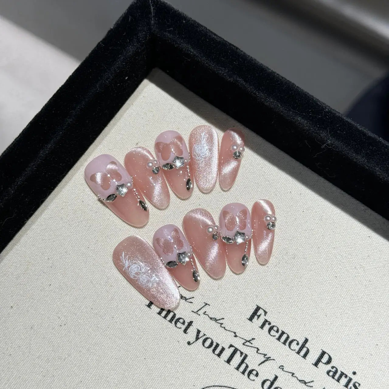 10Pcs Dreamy Ballerina Almond Handmade Gel Nail Glitter False Nails with Diamond Sweet Aurora French Press on Nail Manicure Tips - Perfect for Parties, Weddings, and Special Occasions