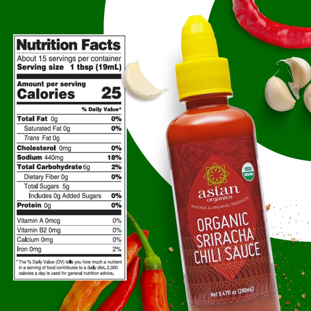 Organic Sriracha Hot Chili Sauce - USDA Certified, Non-GMO, Gluten-Free, No MSG - Authentic Thai Chili Sauce (9.47oz/280mL) - Perfect for Asian Cuisine, Stir-Fries, Noodles & Spicy Food Lovers
