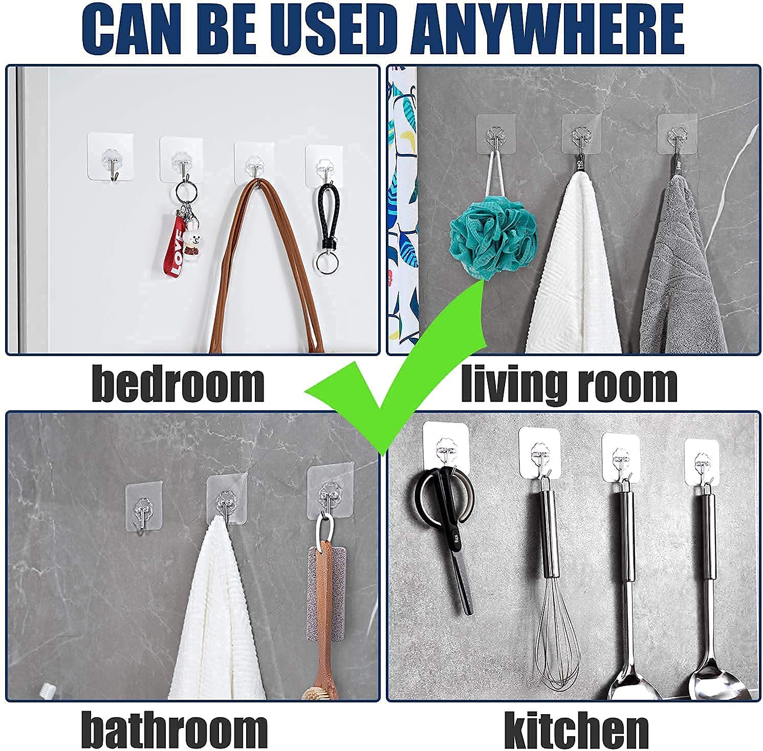 YOZONKY 10-Pack Heavy Duty Self-Adhesive Wall Hooks - Transparent Plastic Hanging Hooks with Strong Adhesive for 10kg Max Weight - Perfect for Bathroom, Kitchen, Bedroom Organization & Home Decor