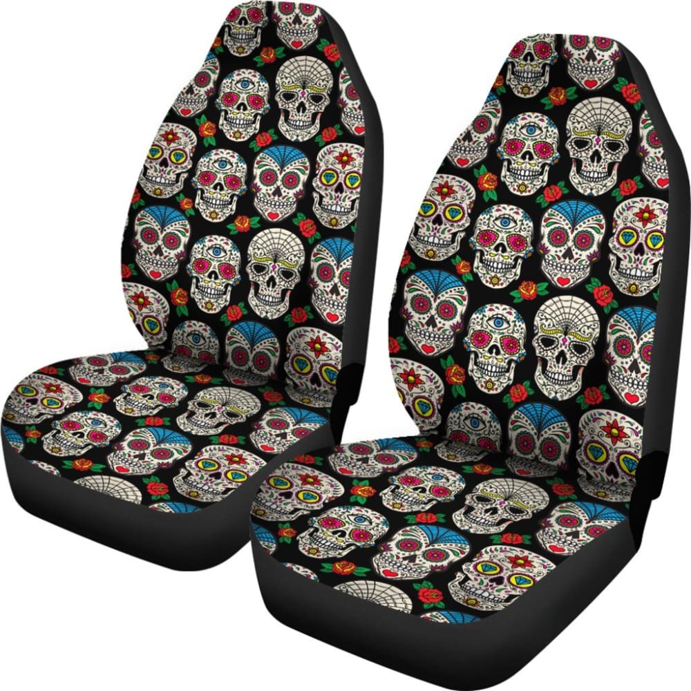 2 Pcs Floral Sugar Skull Car Seat Covers - Day of The Dead Design, Universal Fit for Cars, Trucks & SUVs - Perfect for Halloween, Dia de Los Muertos Celebrations & Unique Car Decor