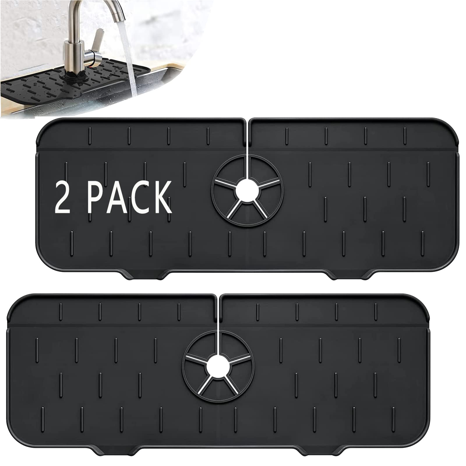 2-Pack Silicone Sink Splash Guard & Faucet Drip Catcher - Non-Slip Kitchen Sink Mat for Water Protection - Perfect for Kitchen, Bathroom, Farmhouse, RV (Black) | Prevents Water Spills & Protects Countertops