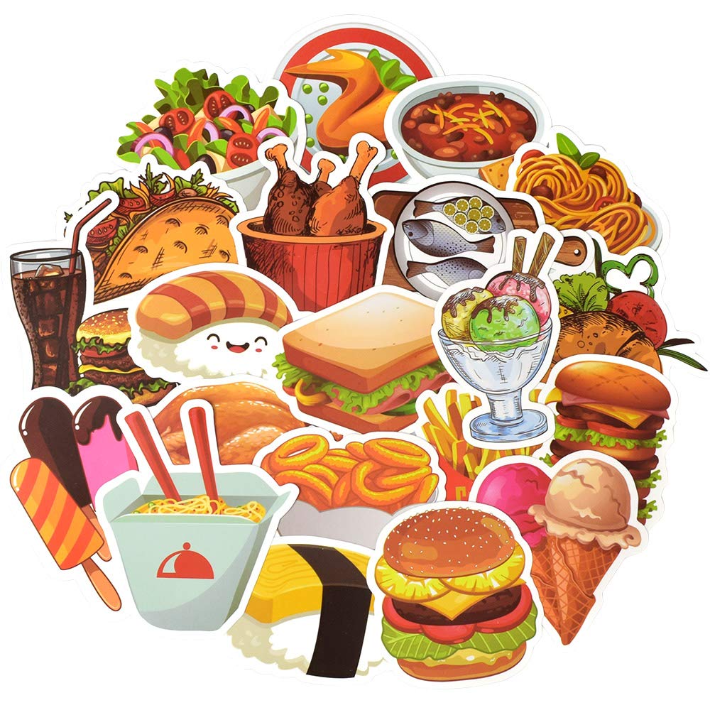 50Pcs Waterproof Vinyl Food Stickers for Water Bottles & Laptops - Cute Fast Food Themed Decals for Kids - Perfect for School Supplies, DIY Crafts & Personalizing Drinkware
