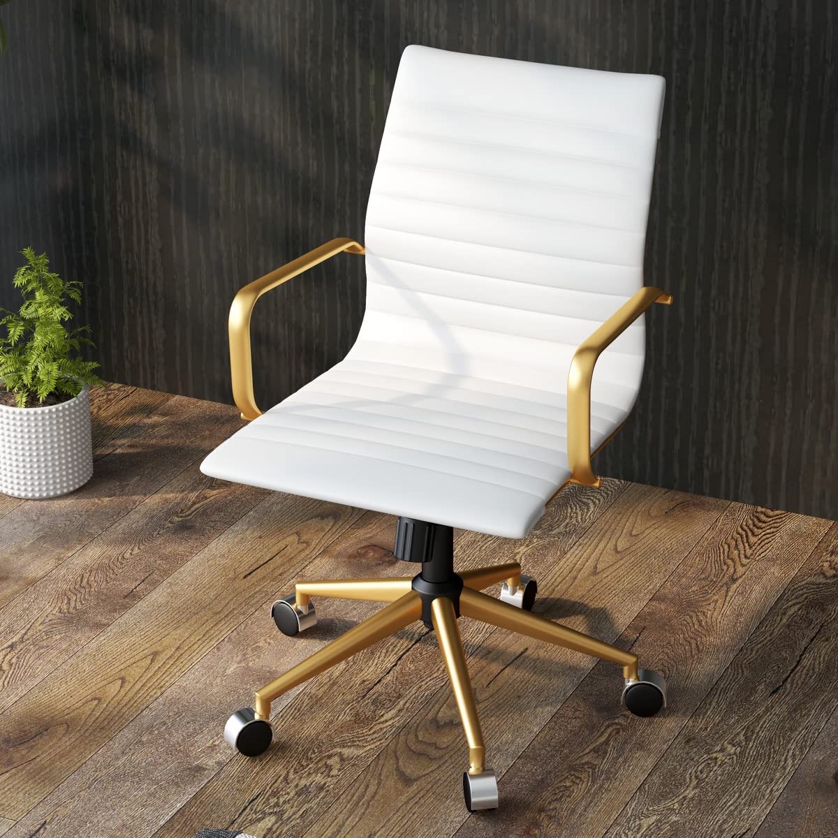 Premium Ergonomic Office Chair - Modern Leather Swivel Executive Desk Chair with Ribbed Design, Rolling Wheels for Home & Office - Perfect for Conference Rooms, Bedroom Workspaces & Task Chairs (White & Gold)