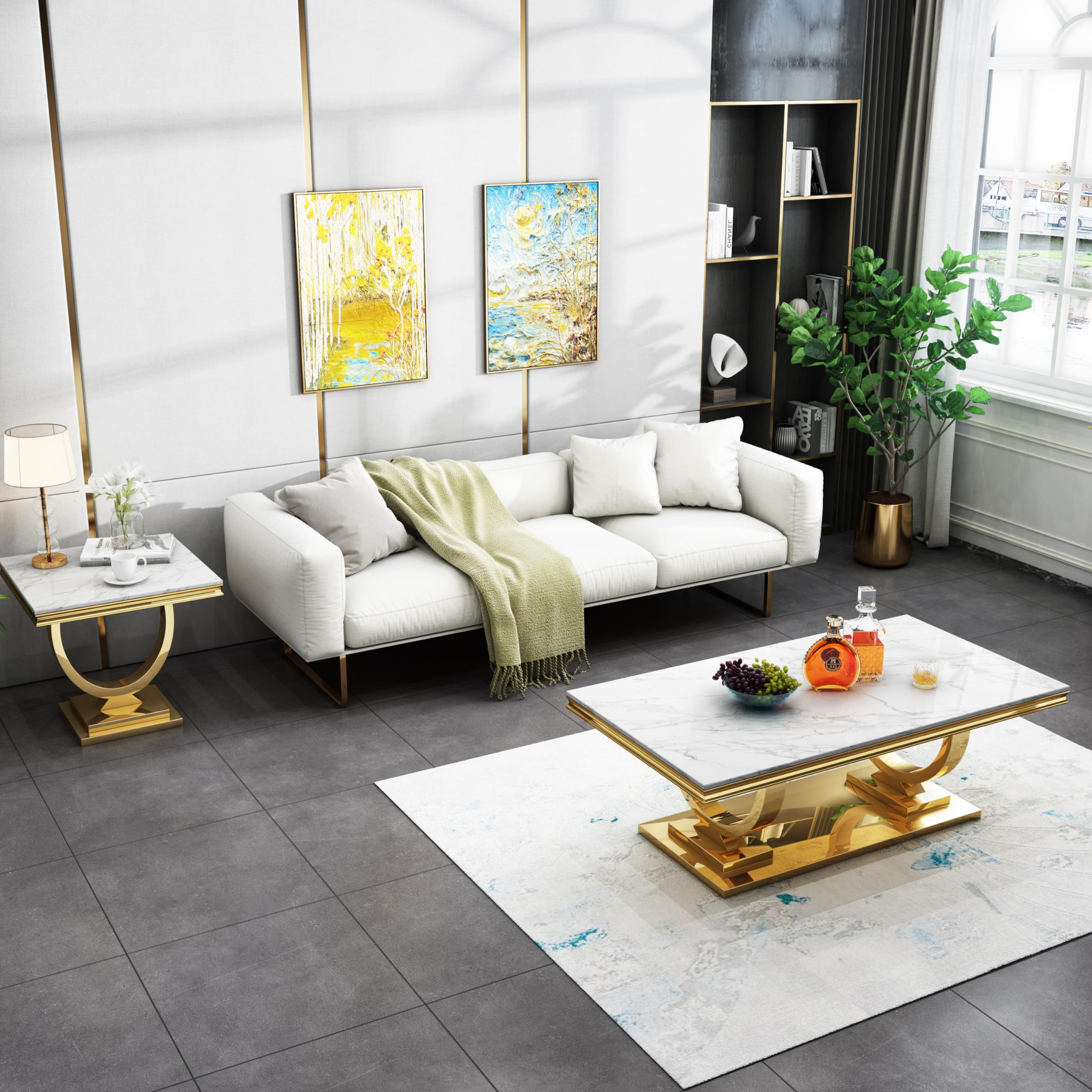 Modern 3-Piece Living Room Table Set - Faux Marble Coffee Table & 2 Gold Side Tables with Stainless Steel Legs, Luxury Rectangular Furniture for Apartment, Bedroom & Living Space | Perfect for Small Spaces, Home Decor & Entertaining Guests