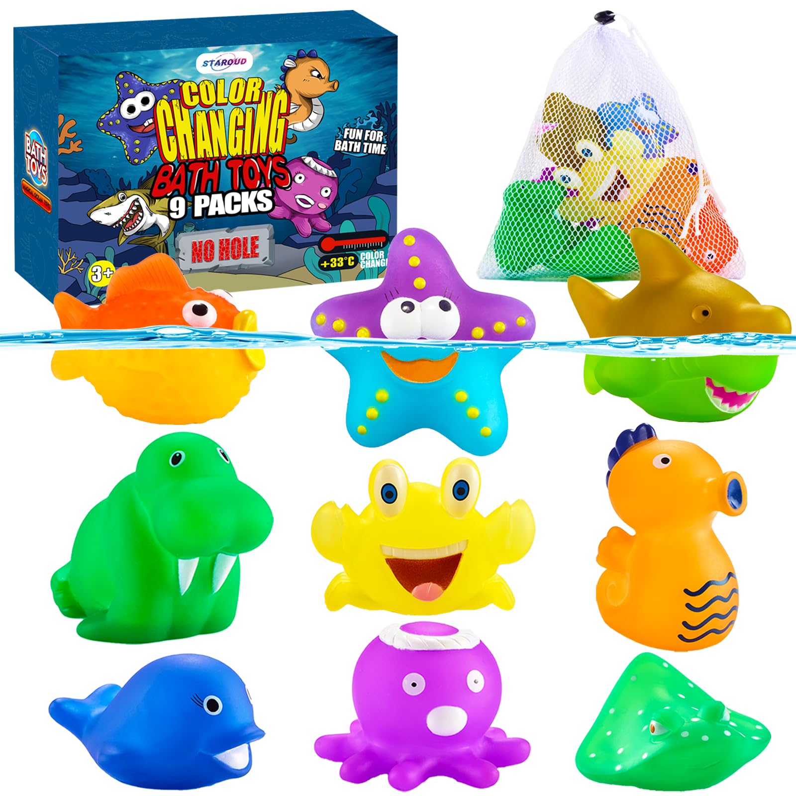 Color Changing Bath Toys for Toddlers & Kids - 9 Pack Ocean Animal Toys with Drying Bag | No Hole Design, Floating Fish & Sea Creature Toys for Sensory Play | Perfect for Bathtime Fun, Early Learning & Water Play Activities