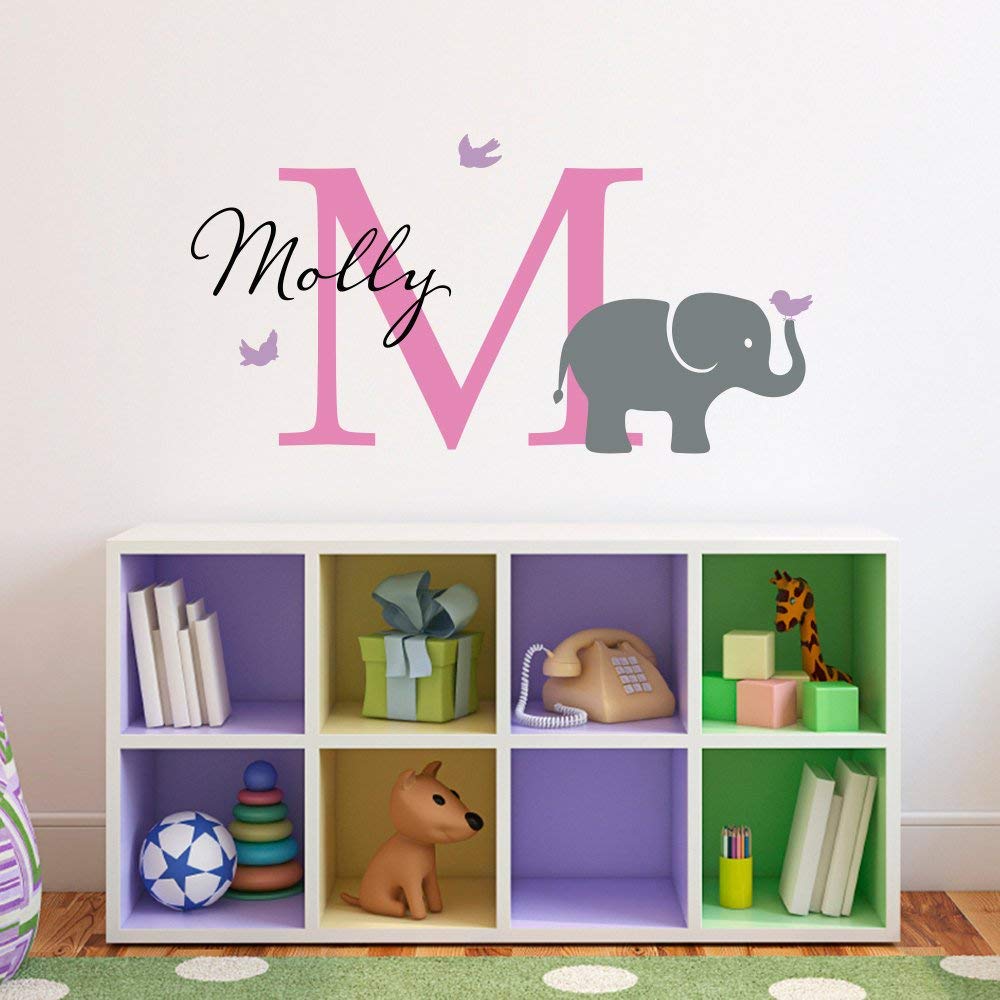 Personalized Elephant Wall Decal with Birds, Initial & Name - Custom Nursery Wall Art for Girls - Medium Size - Perfect for Baby Room Decor, Kids Bedroom & Playroom