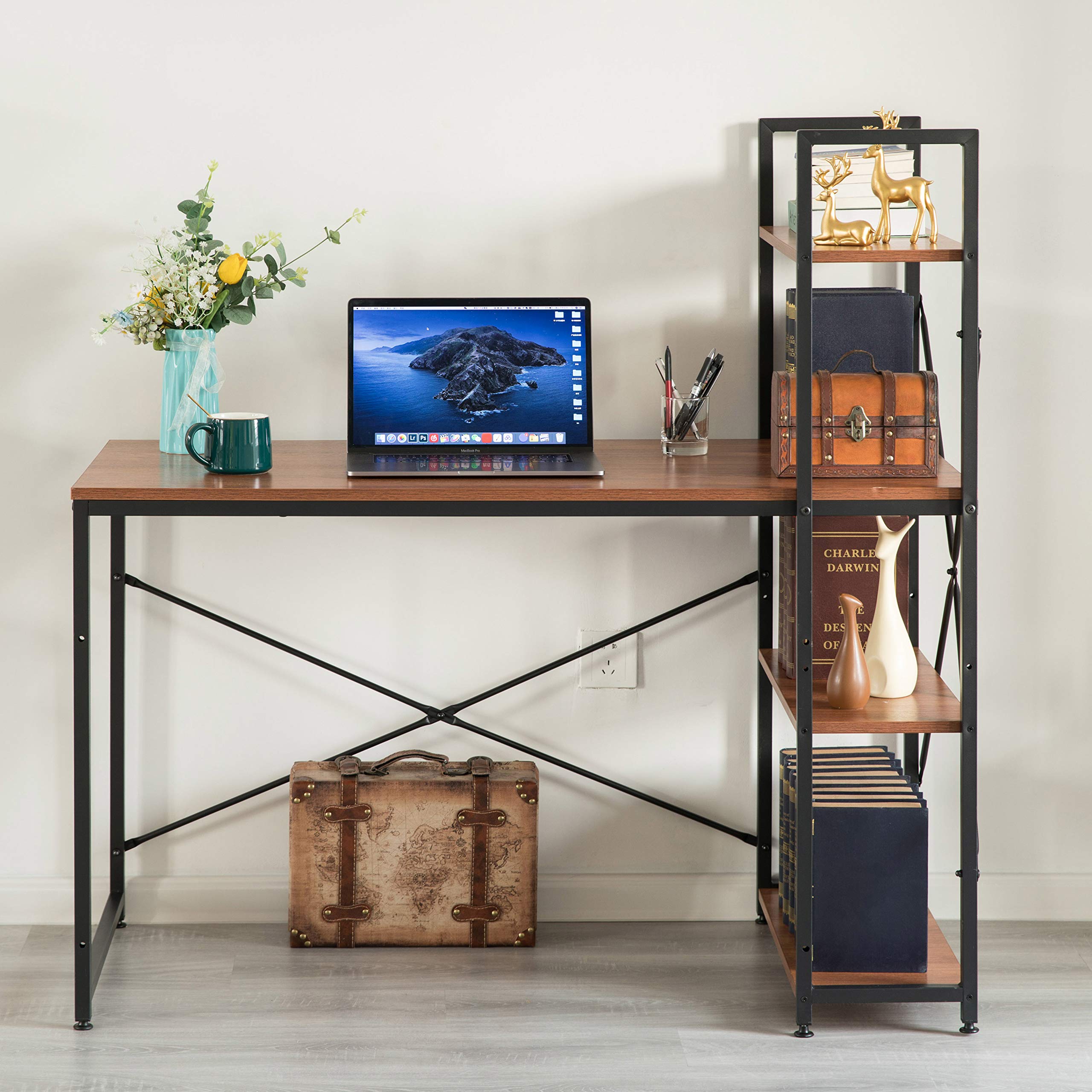 Industrial Home Office Computer Desk with Bookshelves - Solid Wood & Metal Frame, Cherry Finish - Perfect for Small Spaces, Work from Home & Study Rooms