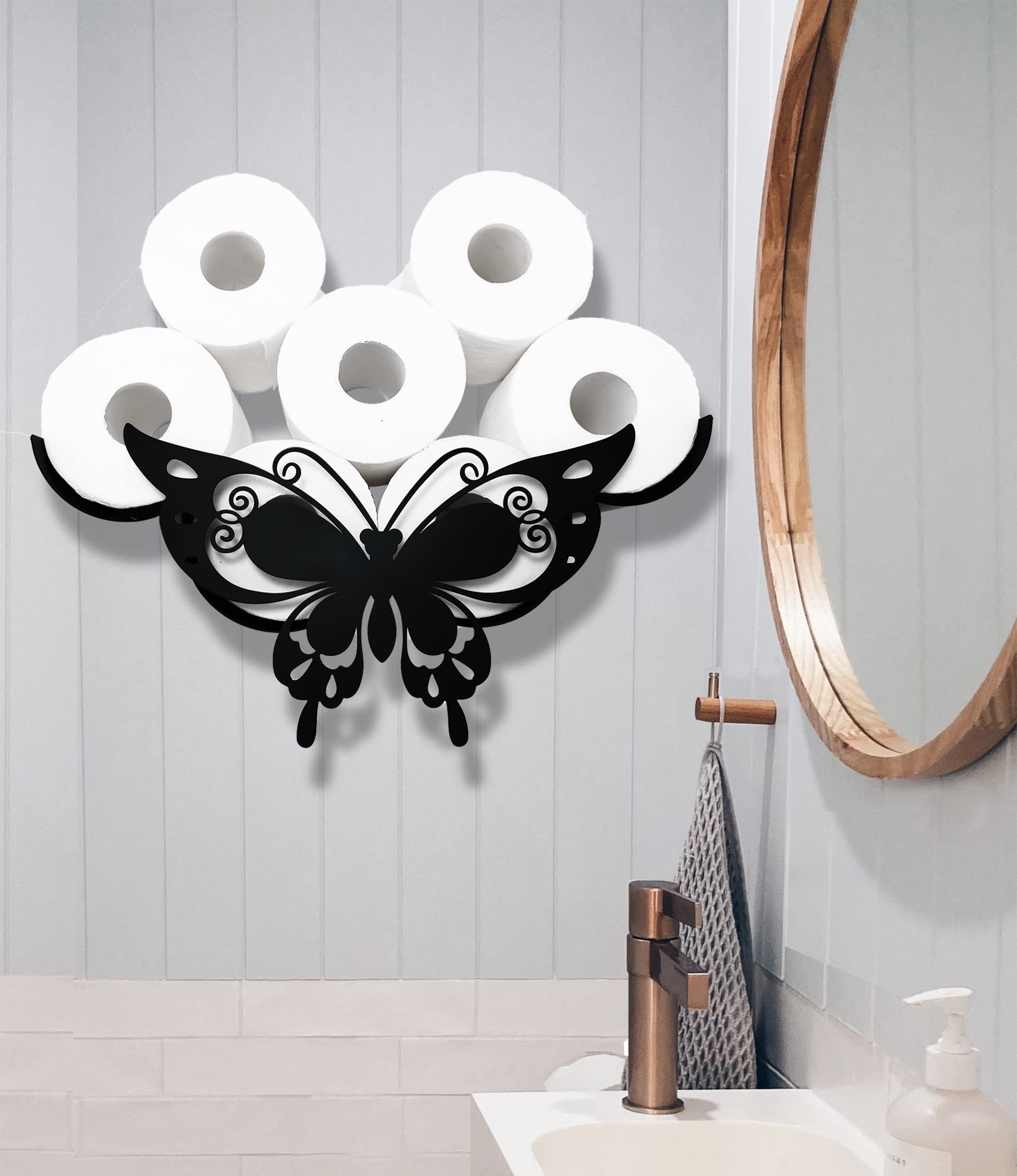 Black Metal Butterfly Wall-Mounted Toilet Paper Holder - Decorative Animal Tissue Storage for Bathroom - Holds 8 Extra Rolls - Perfect for Home, Apartment & RV Bathroom Decor